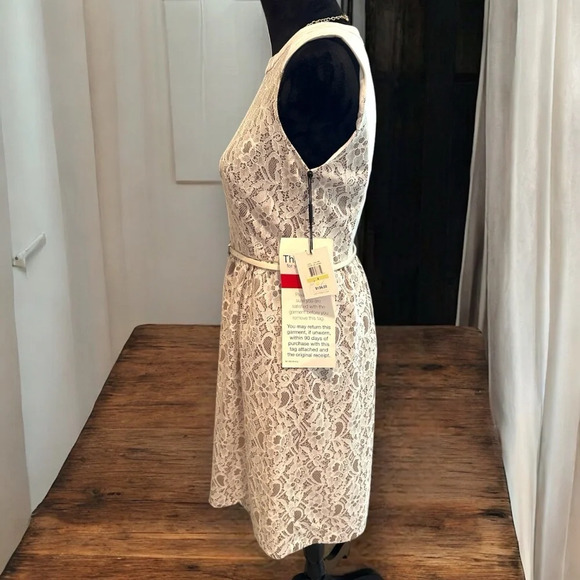 Calvin Klein white lace & cream sheath dress belted size 4 - Picture 3 of 7